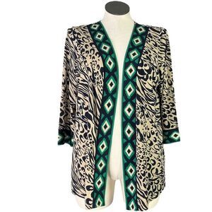 Susan Graver Cardigan Womens L Beige Multi Liquid Knit Border Print 3/4 Sleeve